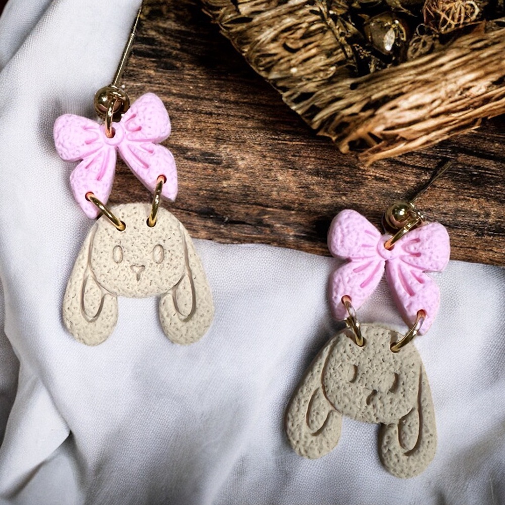 Bunny and Bow Polymer Clay Dangle Earrings